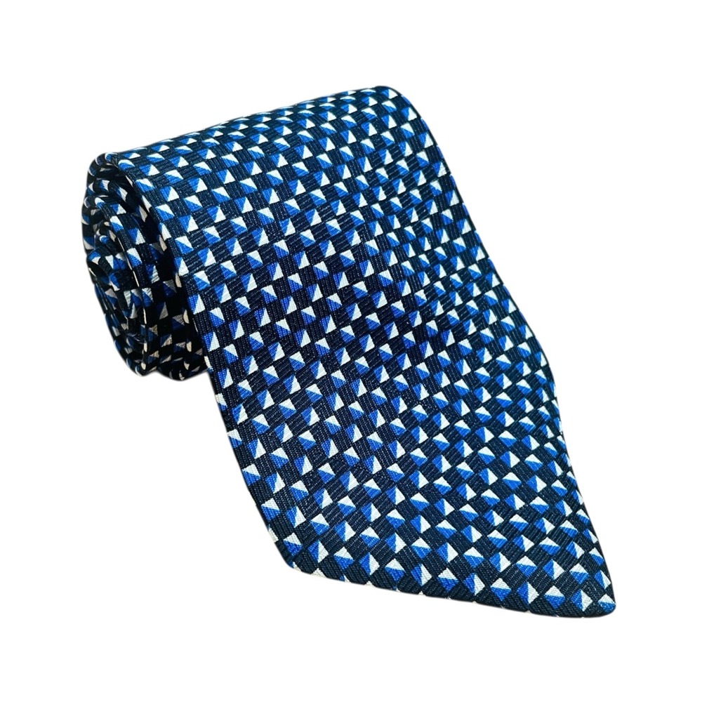 Vintage Ralph Lauren Polo University 100% Silk Tie Blue Geometric USA Hand Made